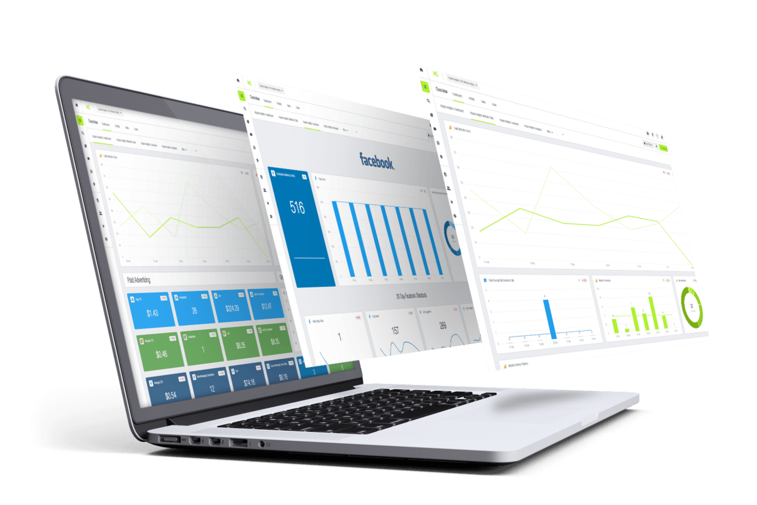 Kepler Insights laptop and dashboard panels showing campaign and conversion tracking