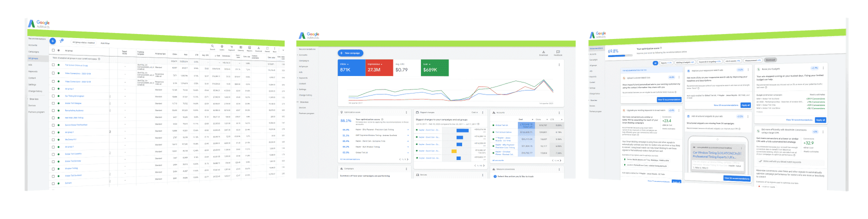 Google Ads reporting screens for Kepler marketing campaigns