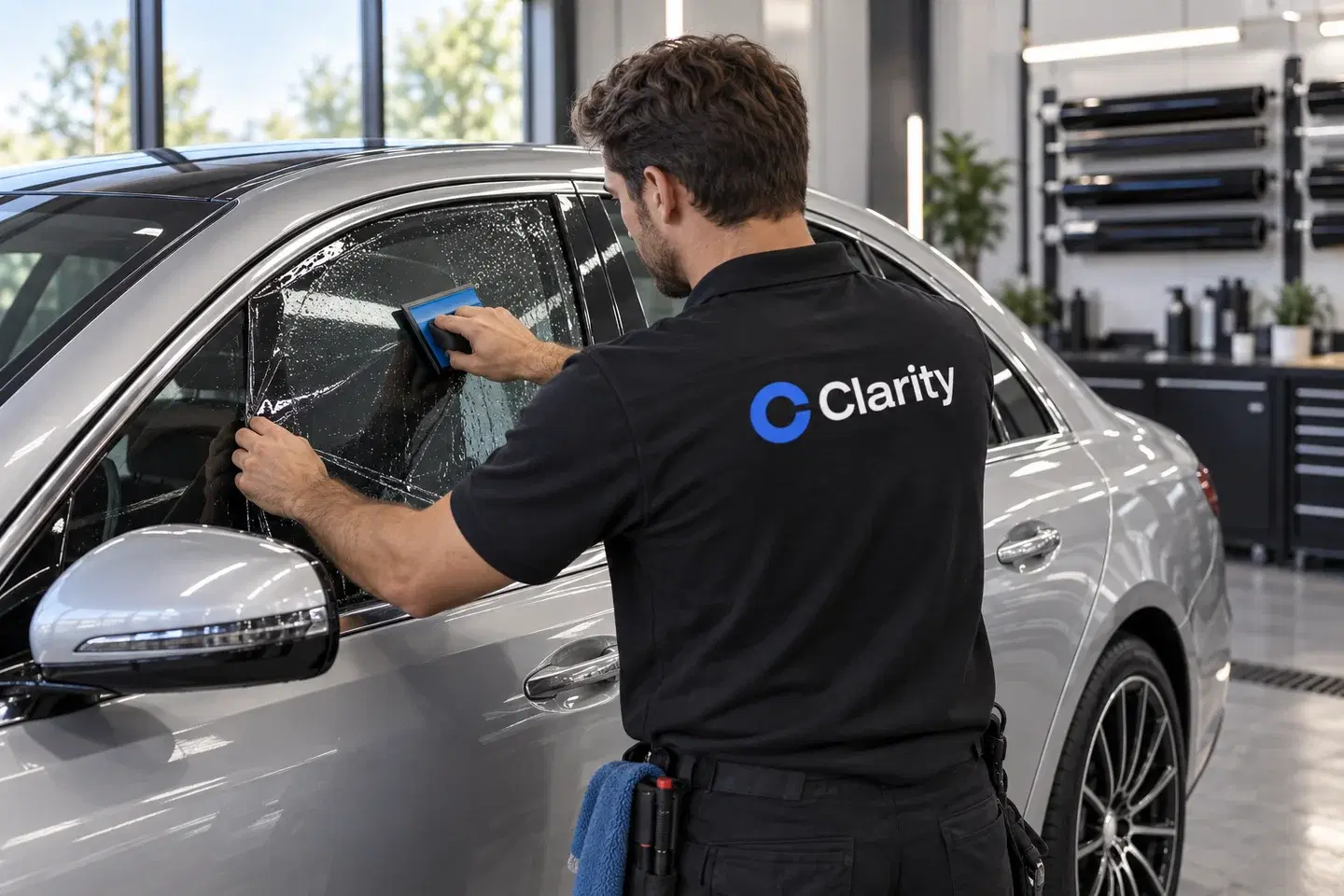 AI-generated photograph of a Clarity-branded installer tinting a car window